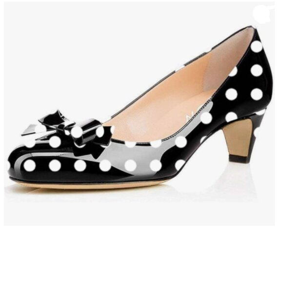 YDN Black Polka Dots Round Toe Pumps Low Heels Shoe with Bowknot for Work Ladies - Picture 1 of 8